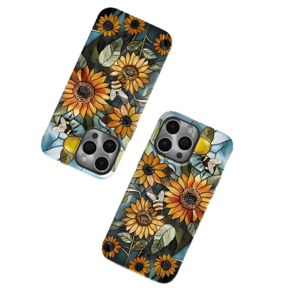 Niche Retro Style Sunflower Bee Illustration Apple 17 Mobile Phone Case iPhone13promax Double Protective Case