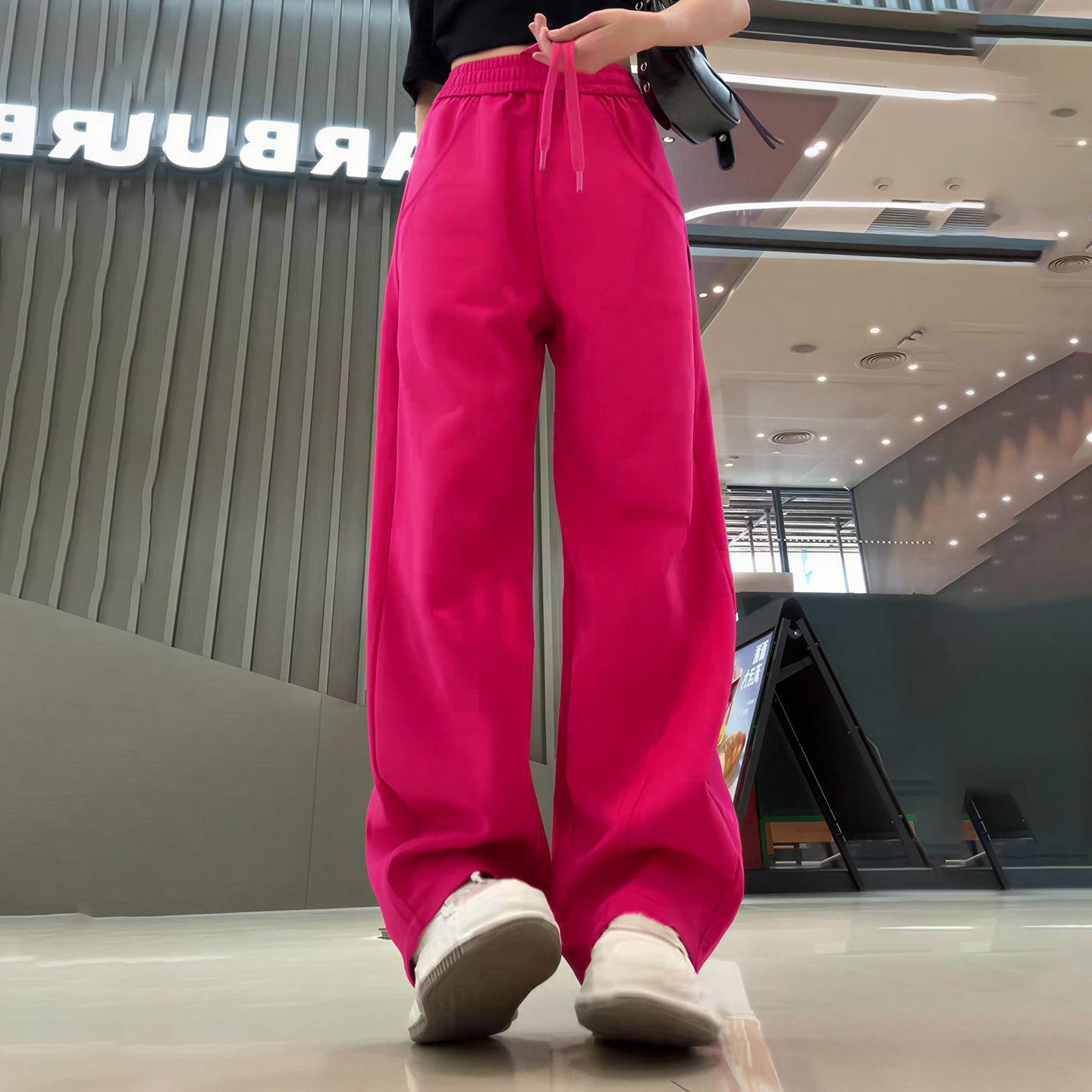 Rose Red Wide-Leg Women s Sweatpants, Autumn/Winter 2025: High-Waist, Elastic Waistband, Plus Velvet, Minimalist Style. S