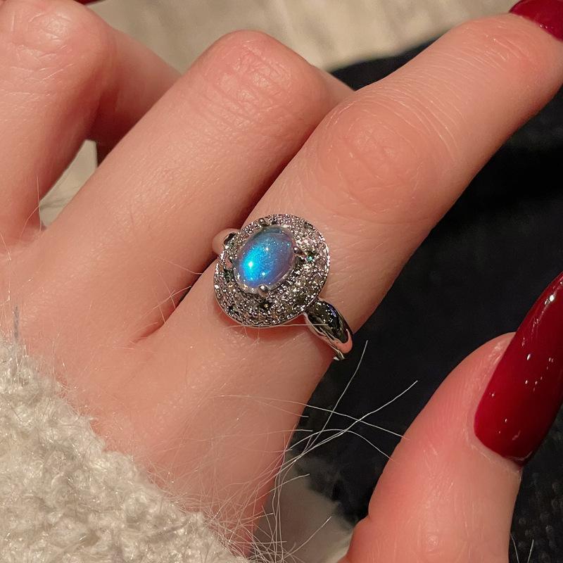 [Crystal Diamond Whispers] High-End Full Diamond Zir*****Pen Ring Moonstone Flower Niche Design Personalized Diamond Ring
