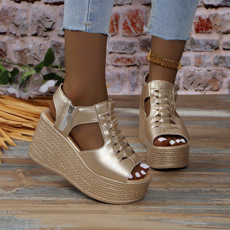 Fashion Women Gold Wedges Sandals Pu Leather Platform Thick Sole Sandals For Women High Heels Shoes Open Toe Med Heel Summer Beach Shoes