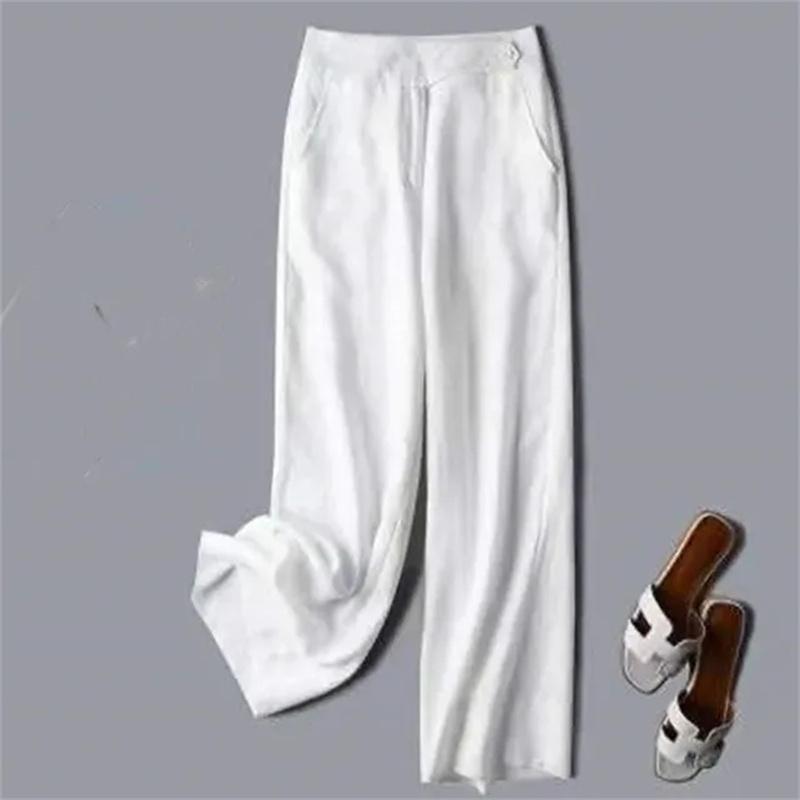 

Spring Summer Women Cotton and Linen Wide Leg Pants Female Solid Color Loose Flax Straight Leg Trousers Ladies Leisure Pantalons S белый