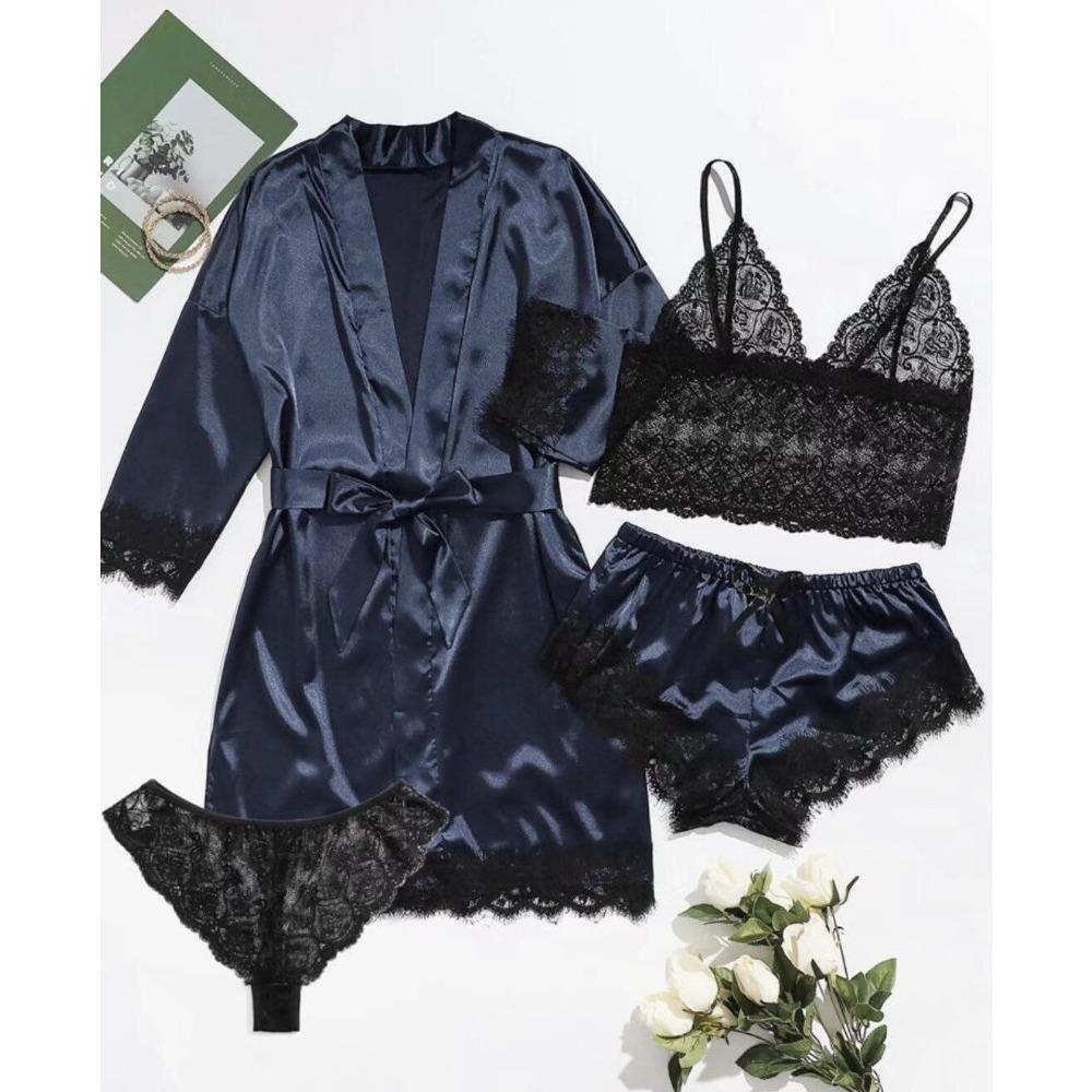 GMXIA Ladies' Pajama Four-piece Set, Lingerie, Large-sized Home Wear, Lace Pajama Sets