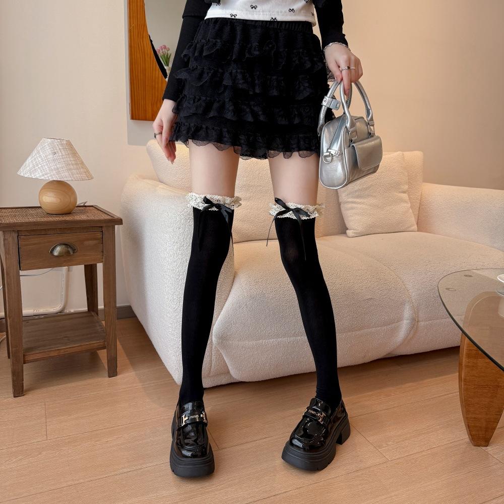Lace-trimmed Socks, Women's Over-the-knee Socks, Spring and Autumn Cotton Socks, Bow Calf Socks, Sweet Long Socks