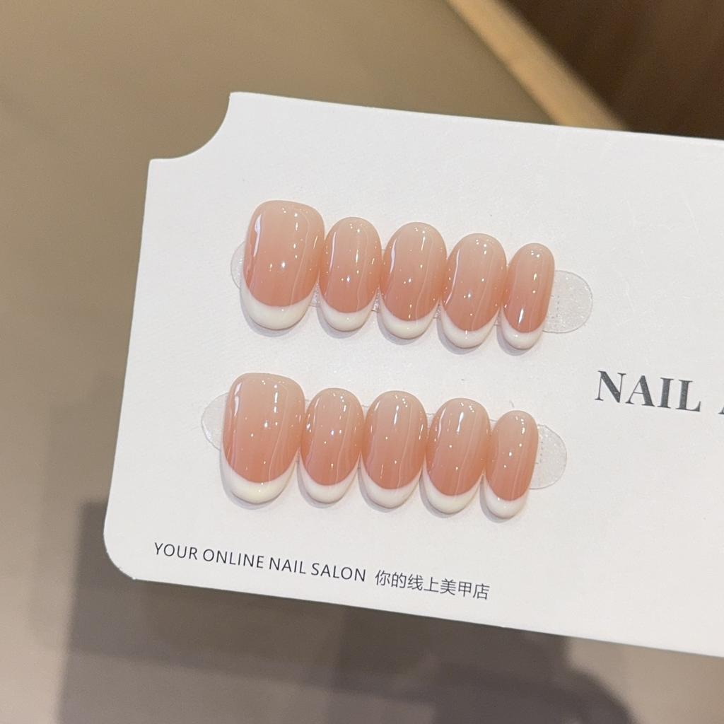 10 Pcs White French Short Oval Handmade Press On Nails Wearable Stick On False Nails