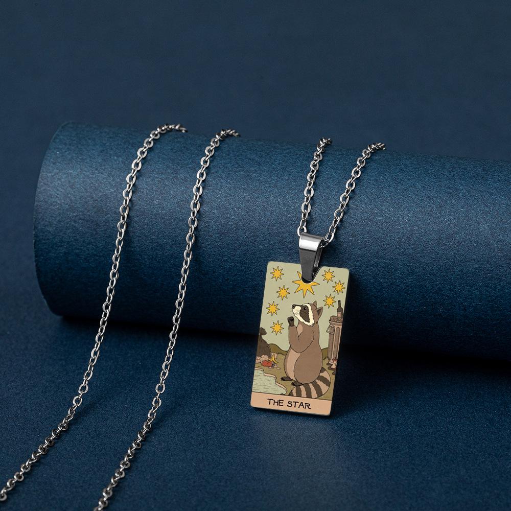 Europe and America Stainless Steel Colorful Printed Raccoon Necklace Good Friend Tarot Card Party Jewelry Accessory