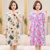 Women's Floral Print Cotton Silk Knee-Length Dress - Plus Size, Short Sleeve, Lightweight & Loose for Middle-Aged & Elderly