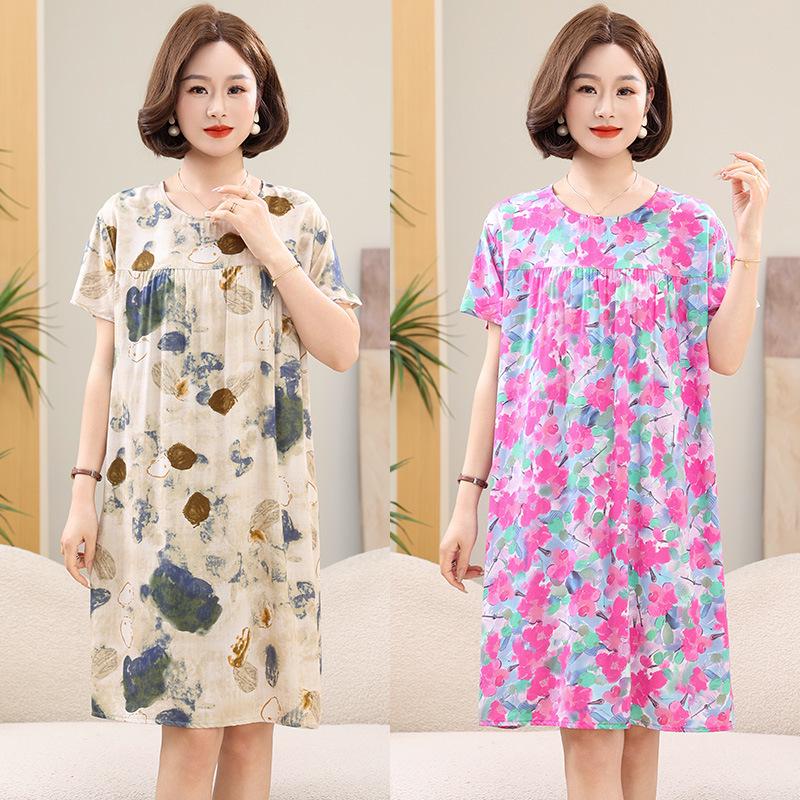 Women's Floral Print Cotton Silk Knee-Length Dress - Plus Size, Short Sleeve, Lightweight & Loose for Middle-Aged & Elderly