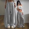 Women Casual Loose Wide Leg Drawstring Elastic Waist Heather Gray Sweatpants