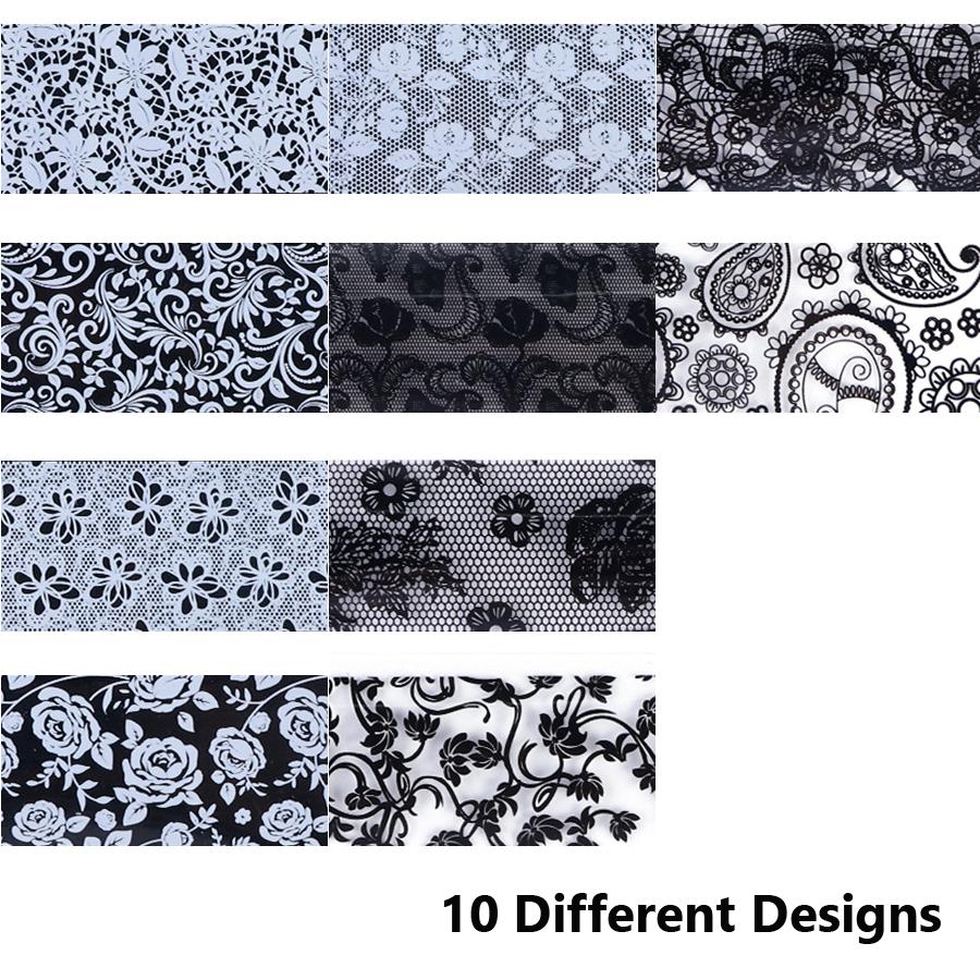 10 Sheets Nail Transfer Stickers Black White Lace Starry Sky Hollow Out Decals, Romantic Nail Art Decor for Wedding Manicure