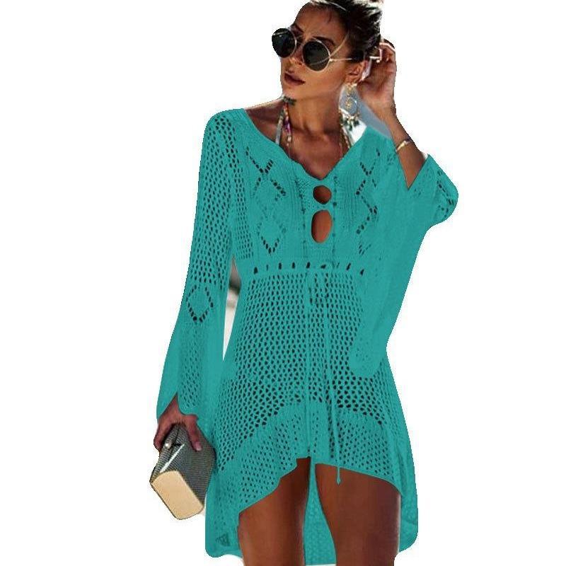 Women's Hollow Out Sun Shirt Flared Sleeve Beach Cover Up Bikini Outer Shirt Knitwear