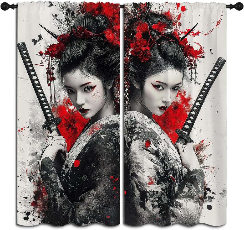 Japanska Geisha Pojkar Flickor Mörkläggningsgardiner, Kyoto Kimono Flickor Asiatisk Folkkultur Konst Mode Stil, 2 Paneler Stångficka Termisk