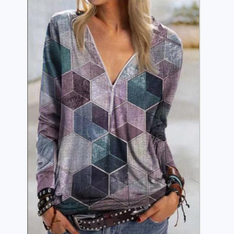 Womens V Neck Zipper Blouse Shirt Ladies Print Pullover Casual Jumper Tops Boho