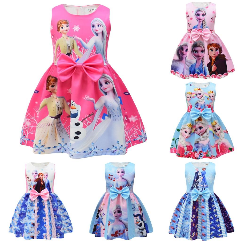 Frozen Elsa Cartoon Girl Dress With Cotton Blend Fabric For Summer Play