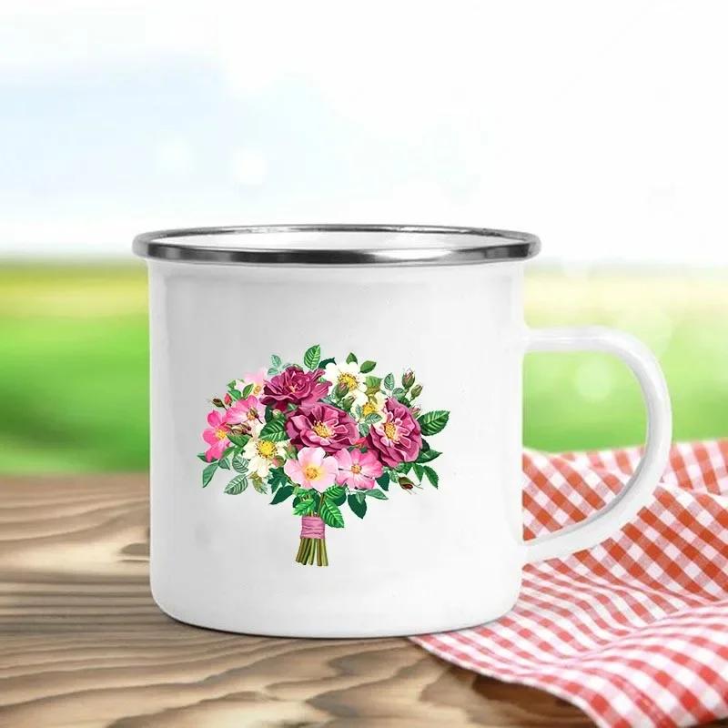 Tazas de Esmalte Retro con Estampado de Flores Tazas de Café Creativas Verano Picnic al Aire Libre Bebidas Zumo Leche Tazas de Acampada Asa Utensilios para Beber Regalos