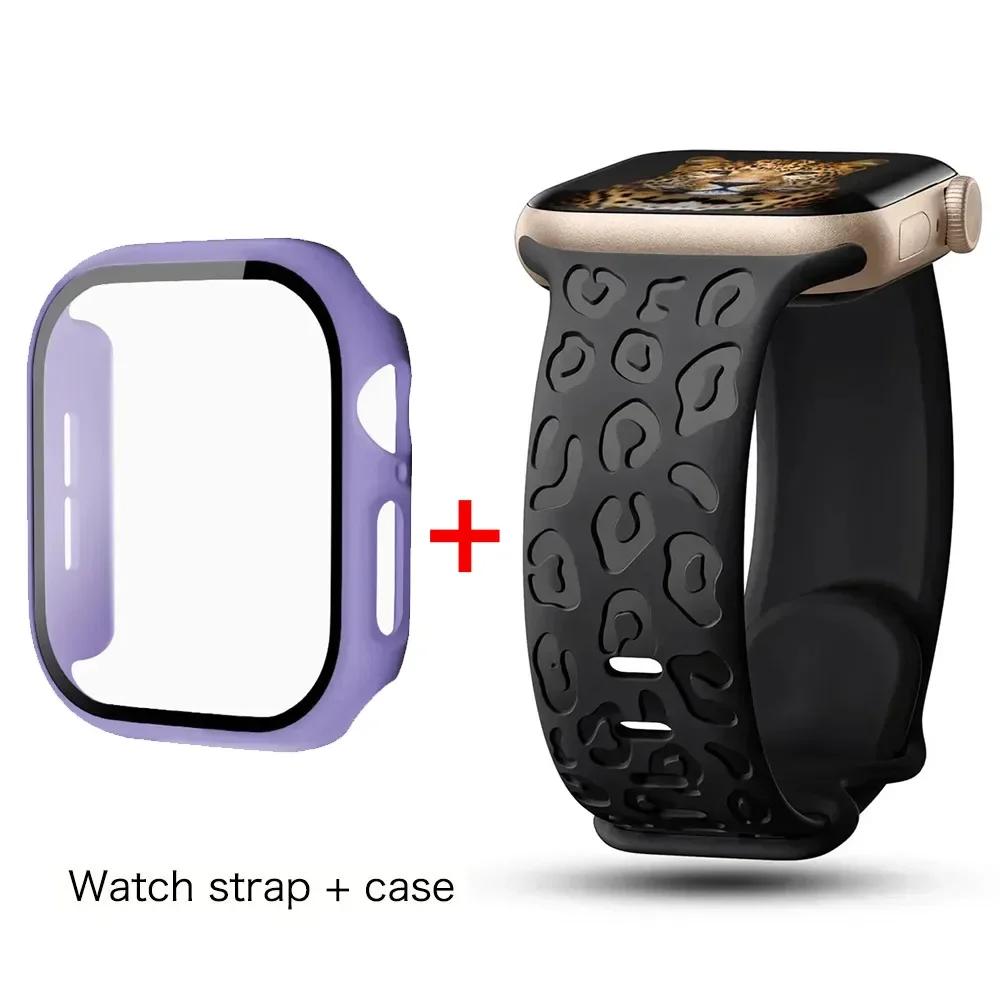 Glass+Case+Strap for Apple Watch Band 45mm 44mm 41mm 40mm Engraved Leopard belt for Apple IWatch Series 10 8 7 6 SE 5 46mm 42mm