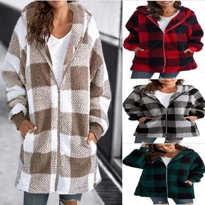 Women's Plush Hooded Jacket Checkered Pattern Long Sleeve Zipper Pockets Loose Fit Casual Warm Autumn Winter Coat