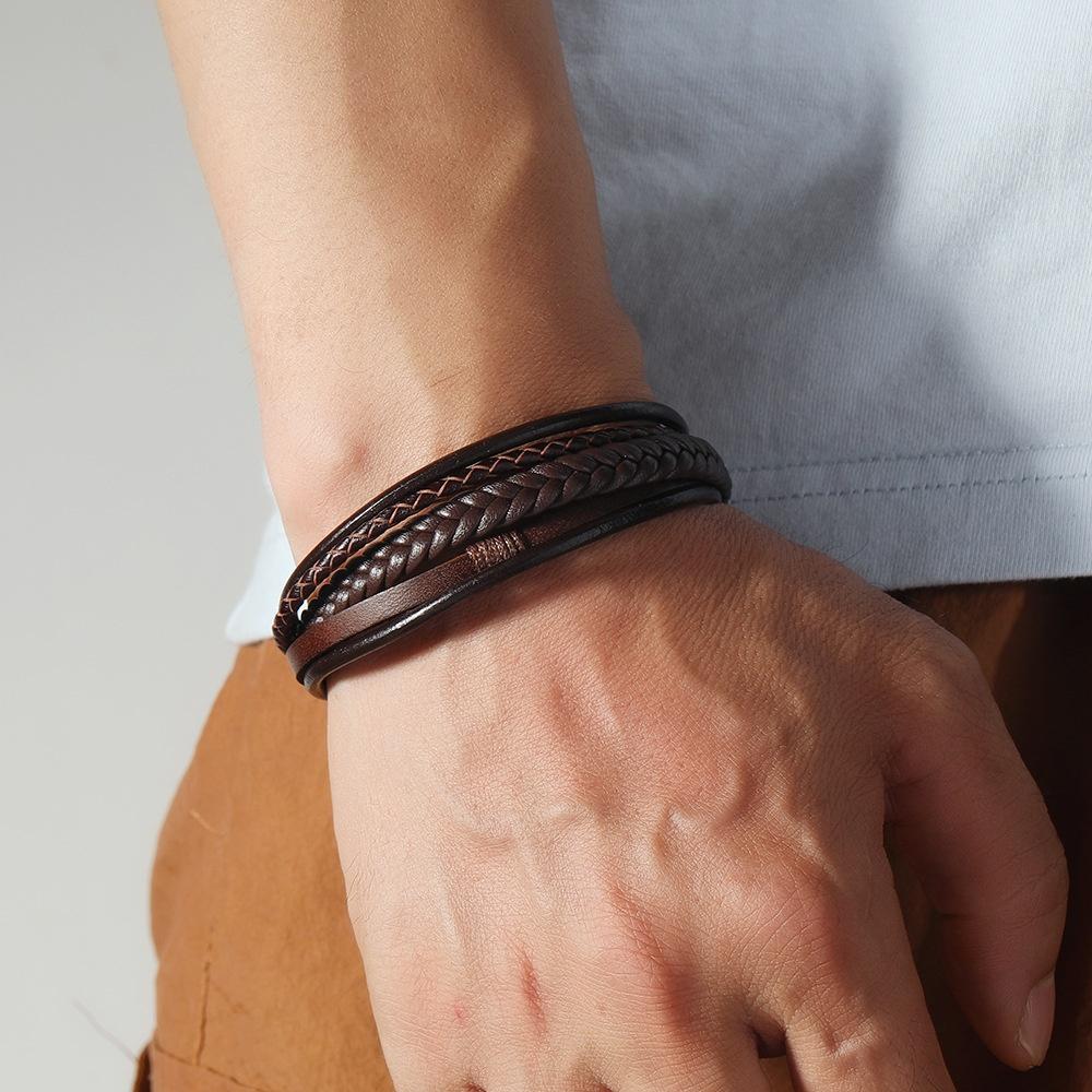 New Cross-border European American Style Trendy Layered Woven Leather Wrap Bracelet Unisex Simple Stylish Alloy Three-section