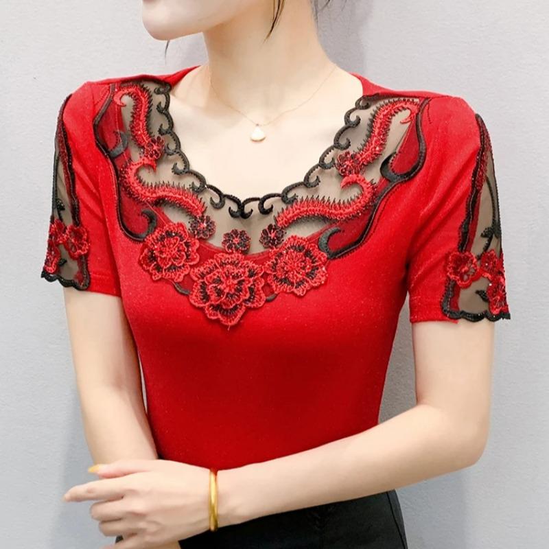 Summer Lace Hot Diamonds Embroidery Flower Designer T-Shirt Elastic Sexy O-Neck Slim Mesh Tops Chic Women's Short Sleeved Vintage Tees Blouse