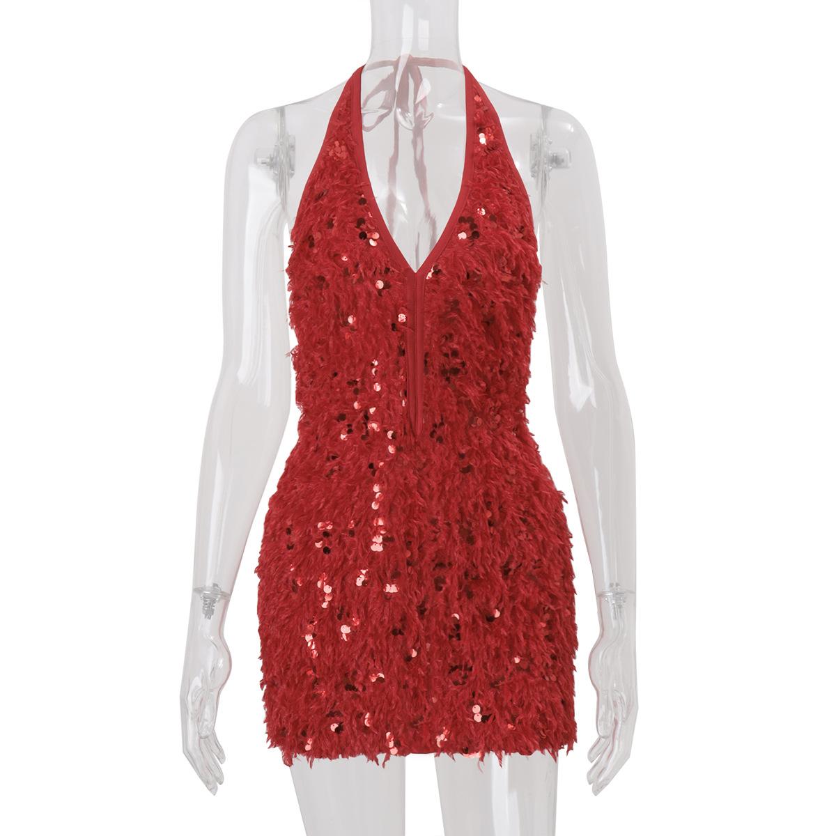 European and American women s clothing spring new sexy V-neck backless temperament celebrity neck sequined hip-wrapped dress women S красный