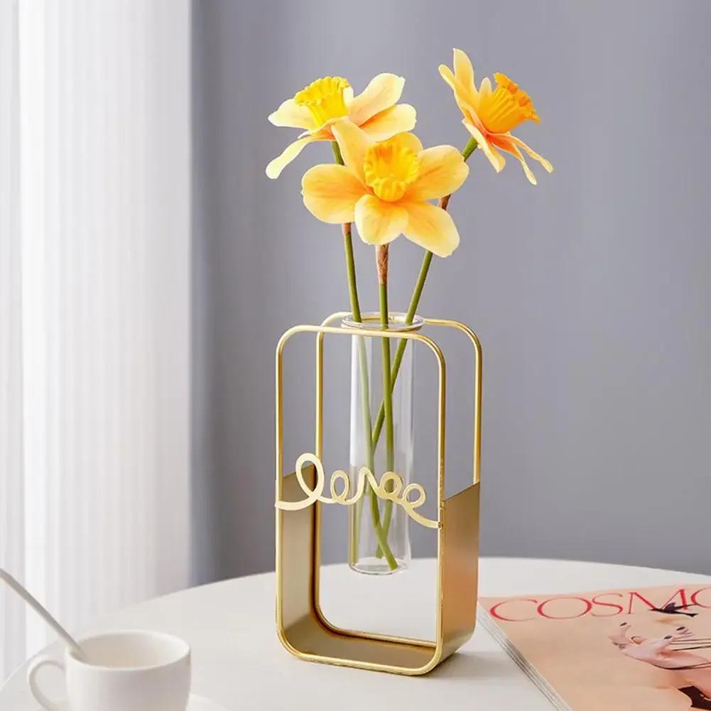 2024 Hydroponic Container 2Pcs/Set Nordic Style Geometric Exquisite Flower Vase Star Shape Metal Frame Glass Home Decoration