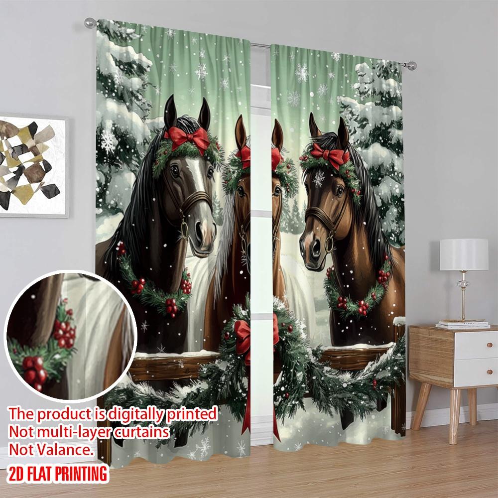 2pcs,2D Plane Printing Curtains Digital Printed Festive Horses Versatile 100% Polyester (without Rod) Decorations For Home Use