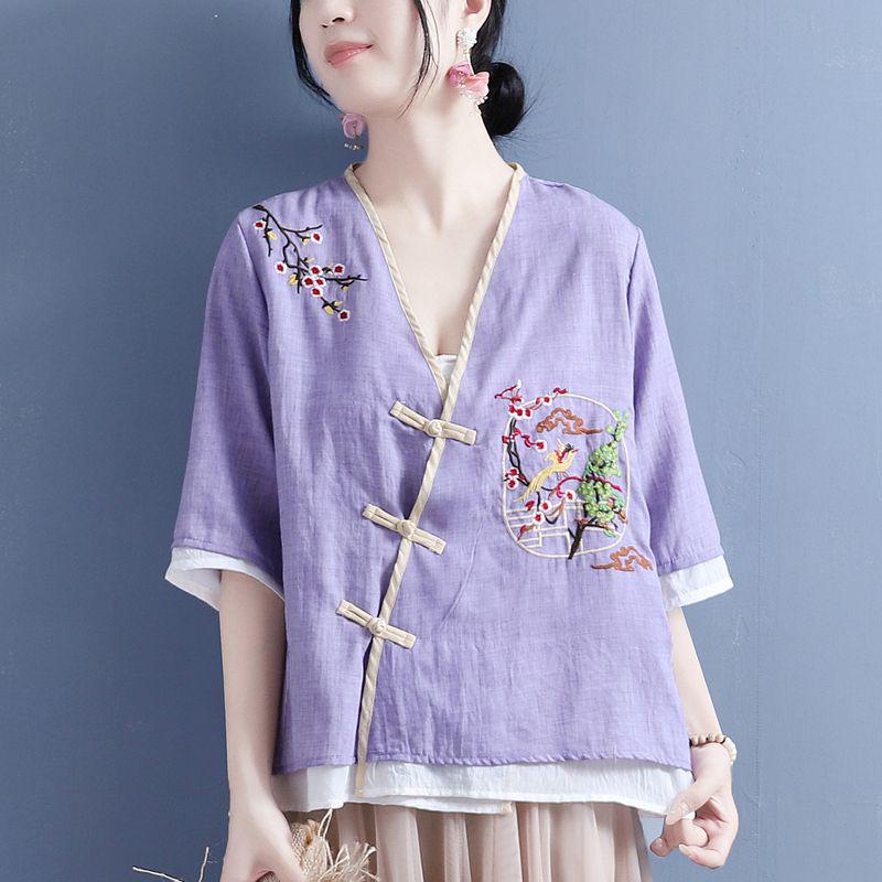 Women's Ethnic V-Neck Embroidered Cotton-Linen Cardigan Top and Mid-Sleeve Tea Dress
