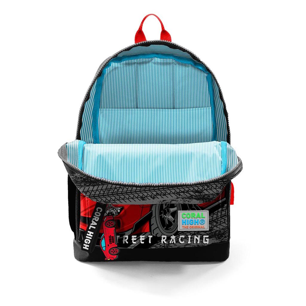 Coral High Kids Siyah Kırmızı Anime Araba Desenli Dört Bölmeli USB'li Okul Sırt Çantası 23847