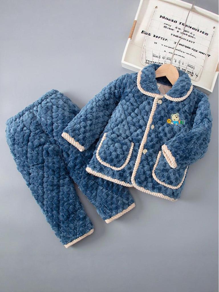 Kids' Autumn/Winter Three-Layer Quilted Pajama Set - Thick Coral Fleece Flannel