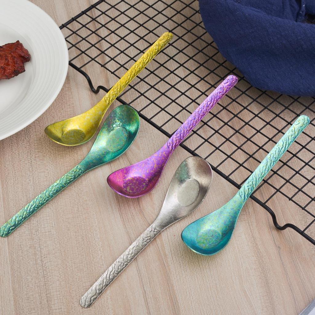 Titanium Hammered Texture Spoons Set - Includes Children's, Deepened Soup, Flat, and Ice Flower Spoons.