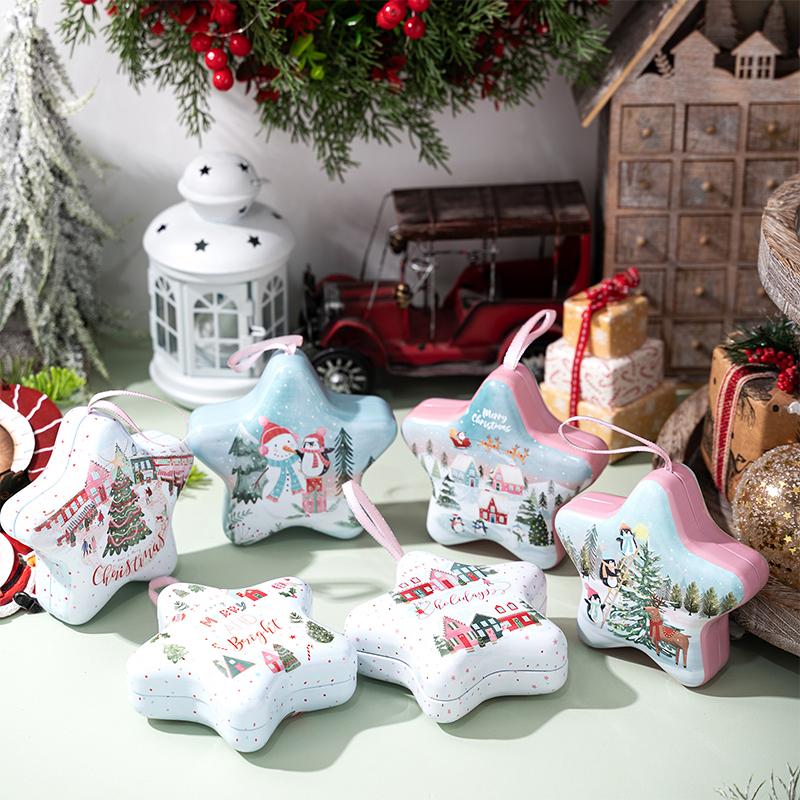 Christmas Decor Tinplate Box Storage Box With Lanyard Candy Biscuit Box Jewelry Storage Party Favors Christmas Tree Decoration