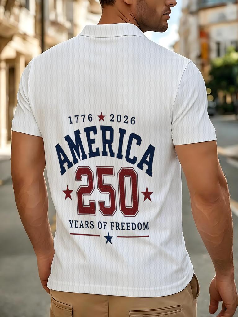 Men'S Outdoor Polo Shirt, Multi-Sizes Available, Men'S Short Sleeve Polo, Chest Letter Number Print, Hem Union Jack Pattern, Men'S Top, Suitable for