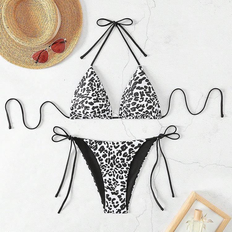 Women’s Leopard Print Bikini Swimsuit, Sexy Halter Backless Tankini Bathing Suit Two-Piece Tie Side Swimwear