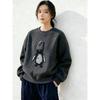 Loose Lazy Wind Vintage Fleece Thickened Dark Grey Penguin Print Crew Neck Sweater Women's Winter