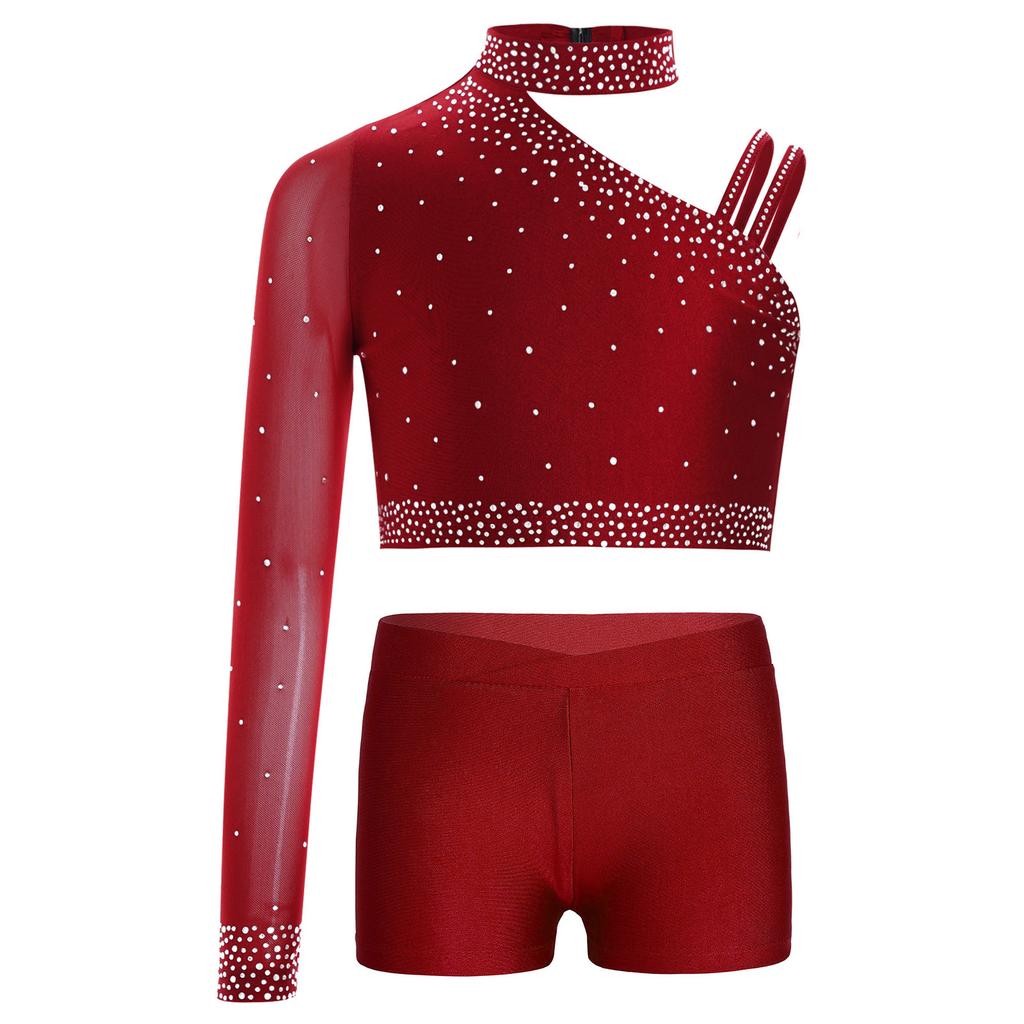 Girls Dance Performance Top Sparkly Rhinestone Irregular Shoulder Crop Top V Front Waistband Shorts