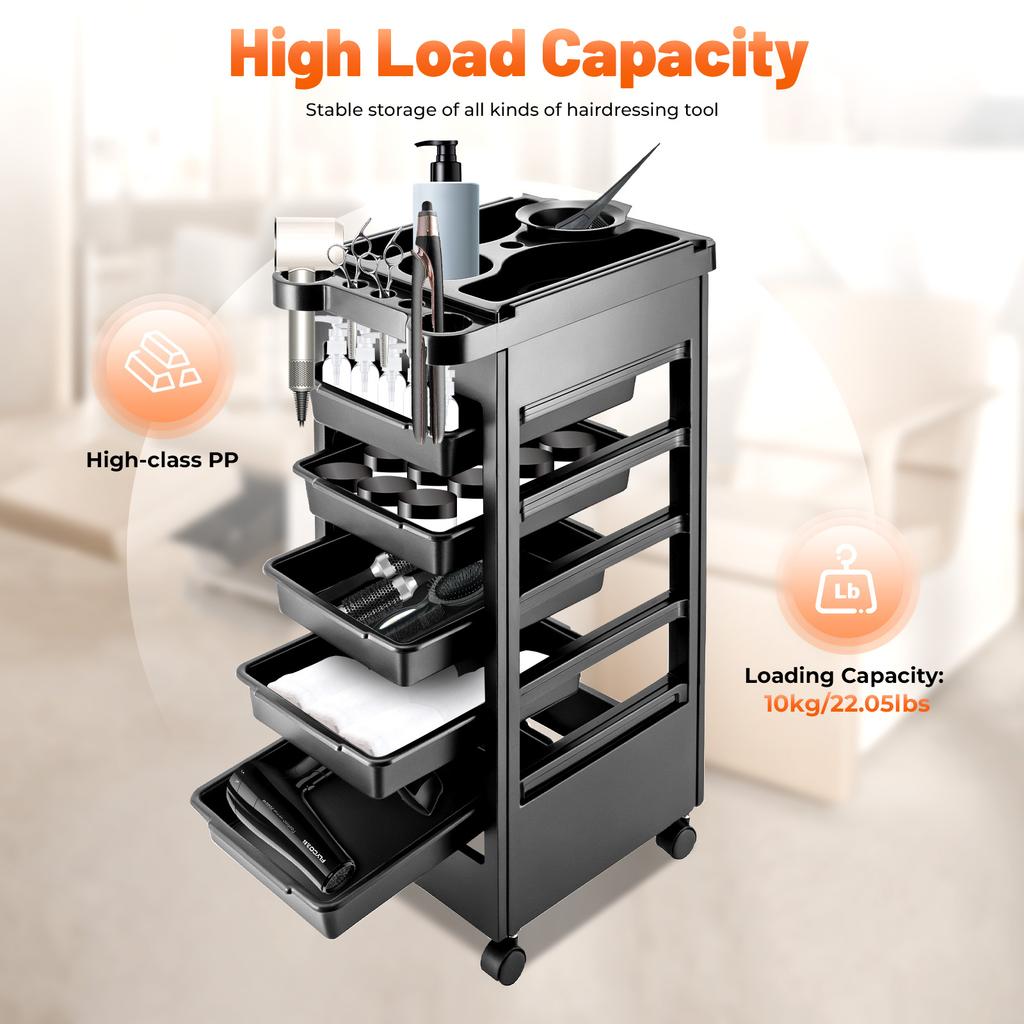 5-Tier Salon Rolling Cart with Wheels & 5 Drawers, Hair Stylist Trolley for Salon, Hairdresser, Tattoo Artist, Nail Technician