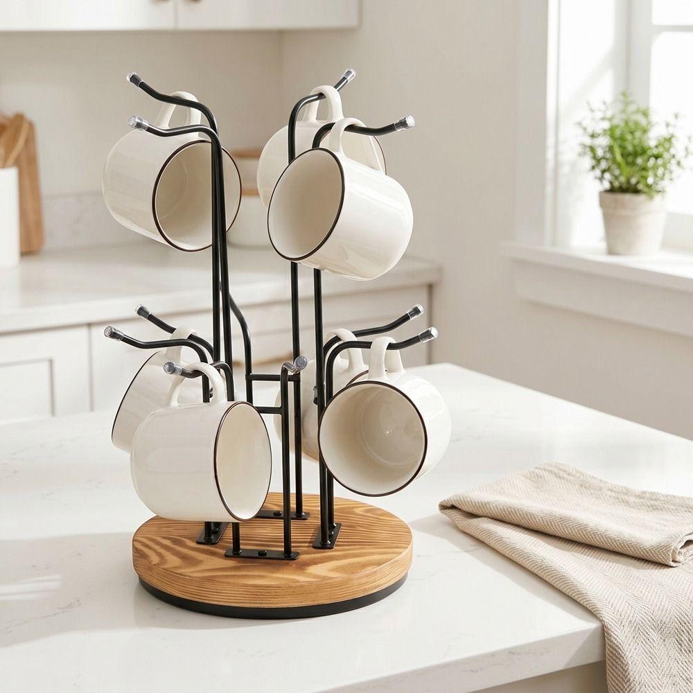 Large Capacity Mug Drying Rack Wooden Cup Tree Rack  for Living Room