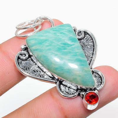 Natural Amazonite, Garnet Gemstone 925 Sterling Silver Pendant 2.05" Q9e87