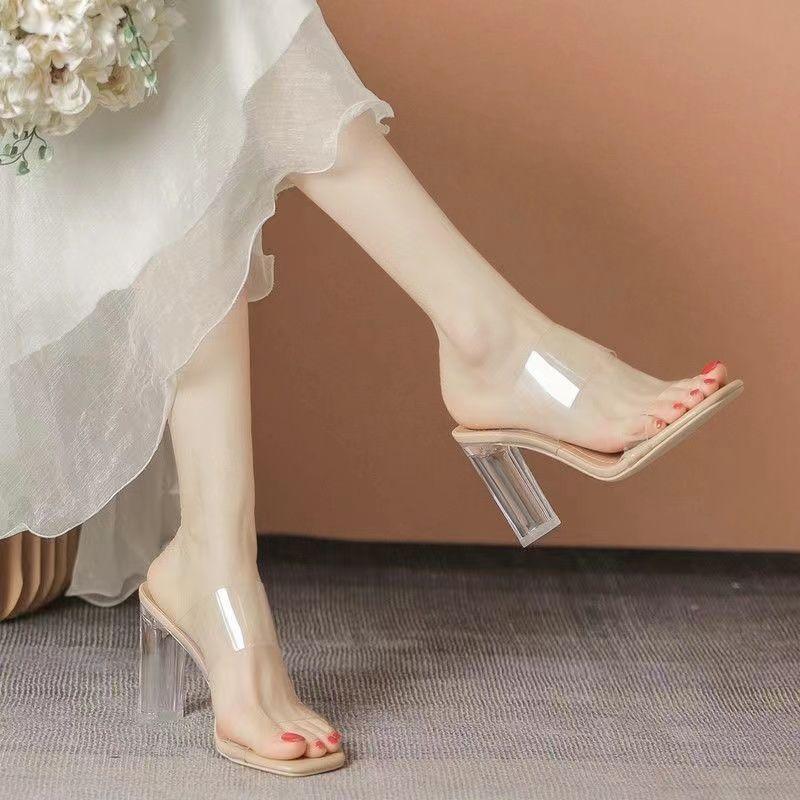 Transparent high heels 2025 new fashion sexy crystal thick heel sandals slippers women's summer outer wear temperament middle heel
