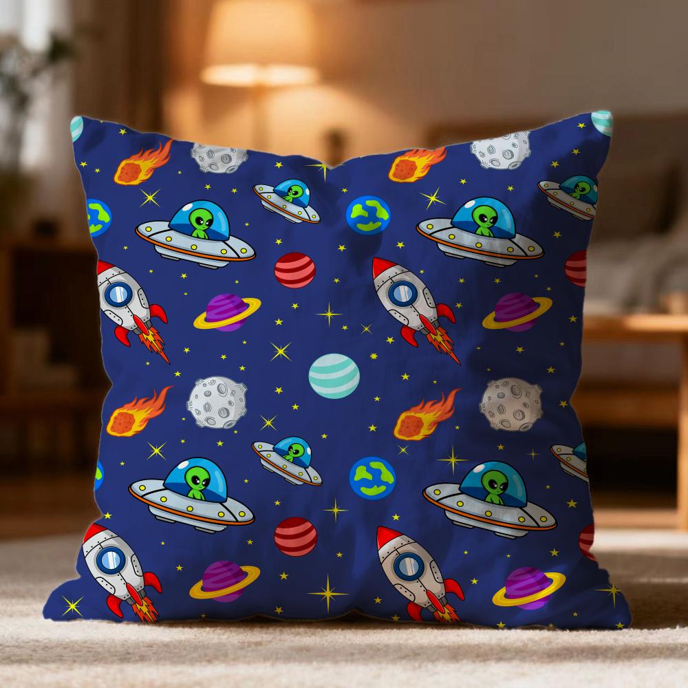 Fashion O-Oouter Space Cartooned Cushion Cover Soft Washable Pillow Case Multi-Scene for Couch Bed Travel Office Use