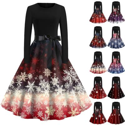 Women's Vintage Classic Dress Long Sleeve Christmas Print Round Neck Swing Dress