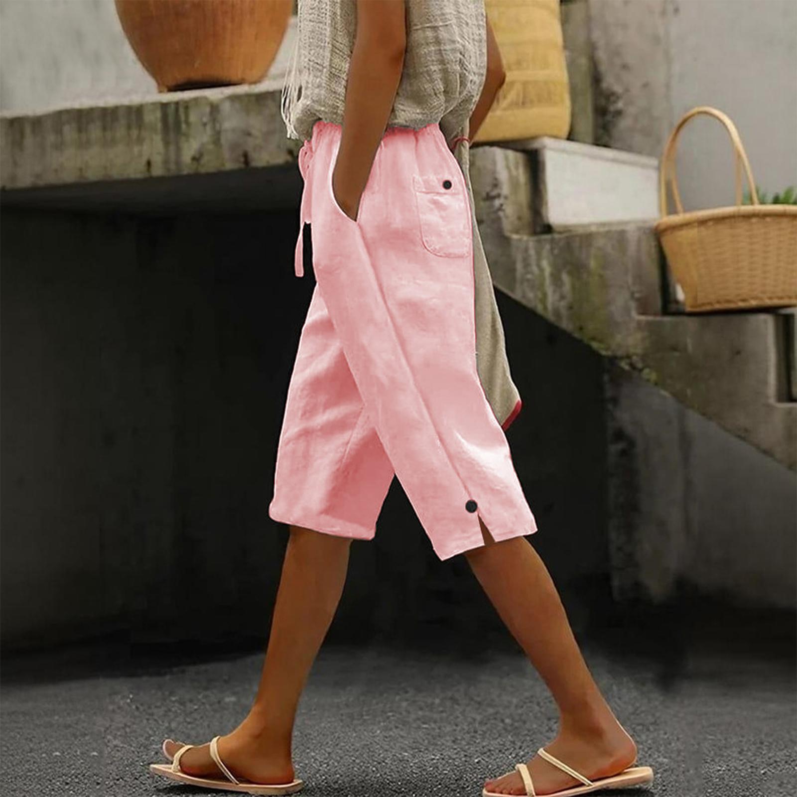 

Women s Casual Fashion -Color Elastic Waistband Pocketed Wide-Leg Straight-Cut Shorts L рожевий