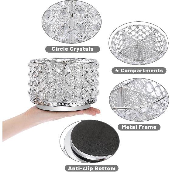 BTSKY Crystal 360 Degree Rotating Desk Organizer Decorative Storage Box with 4 Compartments, Glitter Metal Makeup Brush Holder Elegant Storage Caddy
