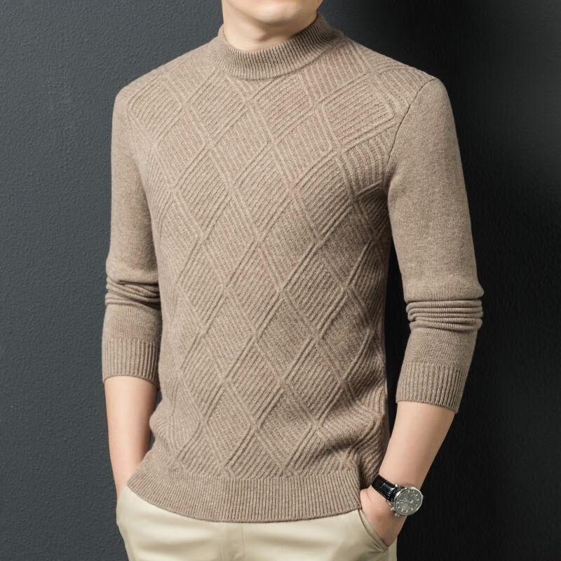 Fengxun Men's 100% Lambswool Cable Knit Mock Neck Sweater FXT5229