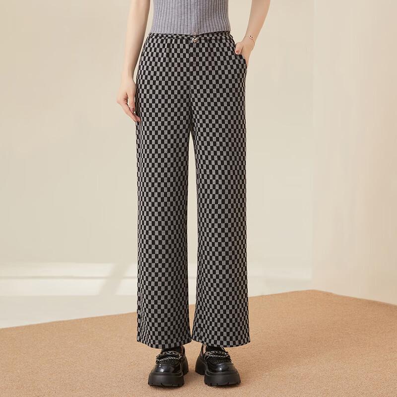 Women's Plaid Wool Blend Straight Wide-Leg Trousers