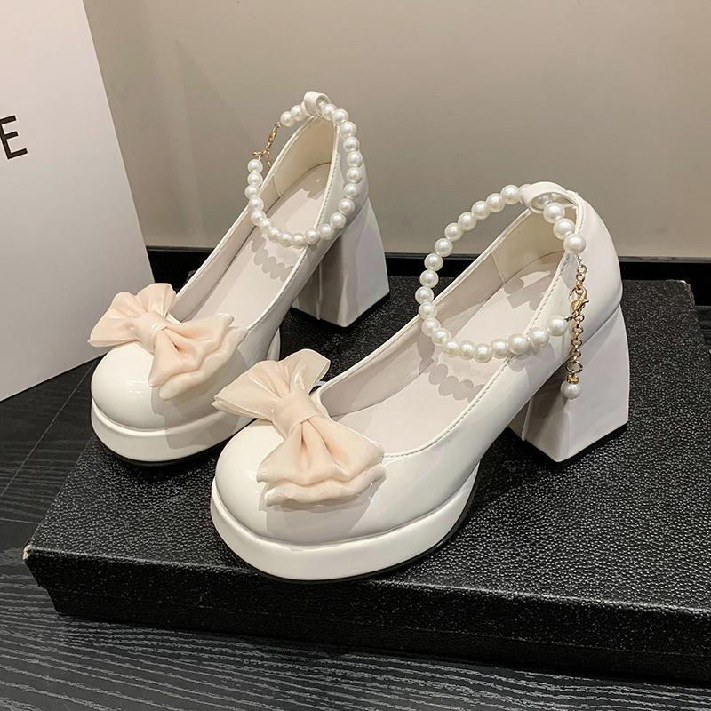 Mary Jane shoes women's thick heel 2025 autumn shallow mouth bow single shoes fairy style French lady high heels
