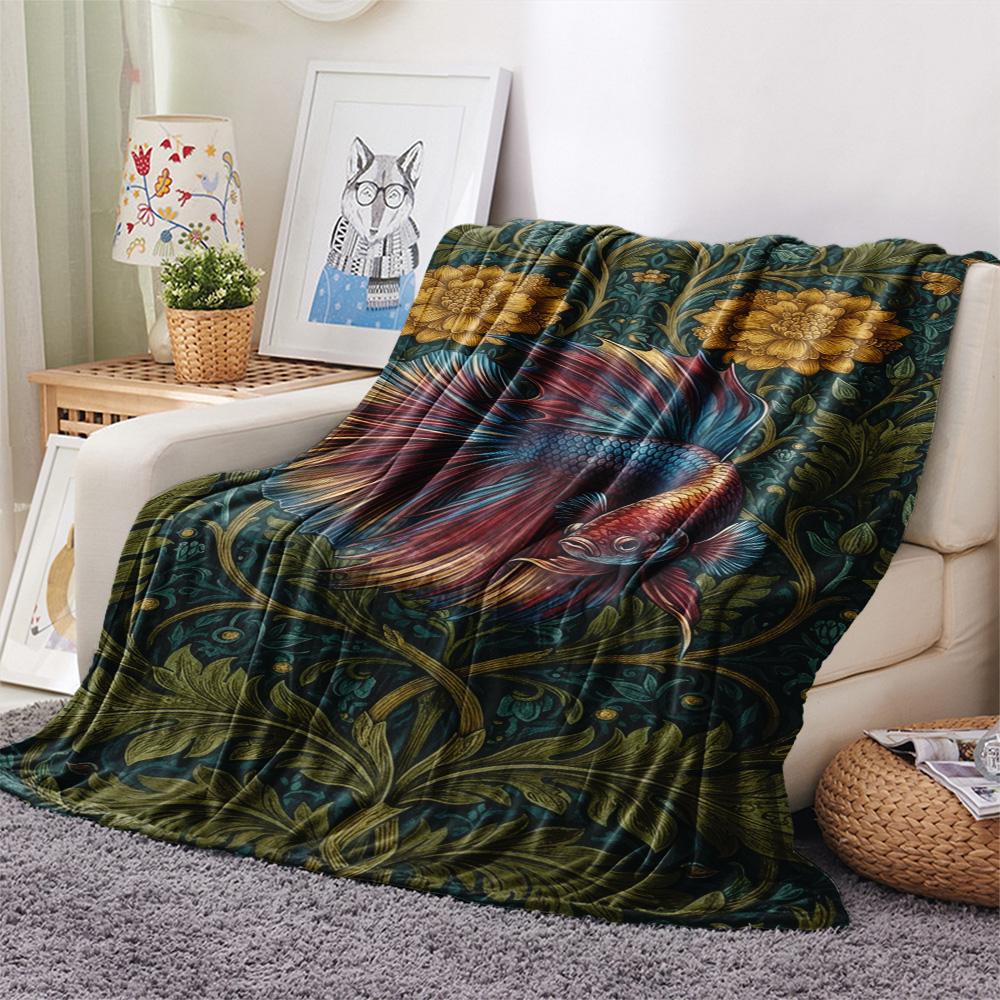 1PC Floral Animals Print FlAannel Blanket, High quality Comfortable for All Seasons, Home Decor, Warmth and Comfort