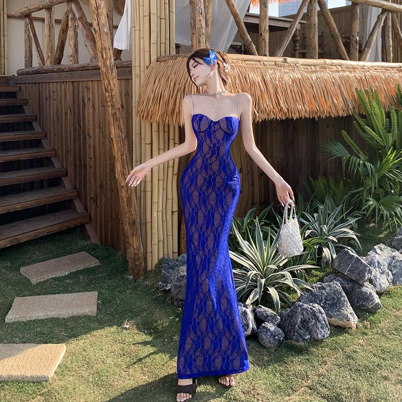 Royal Blue Vacation Dress Female Slim Suspender Halter Fishtail Hip Wrap Birthday Dress Long Dress