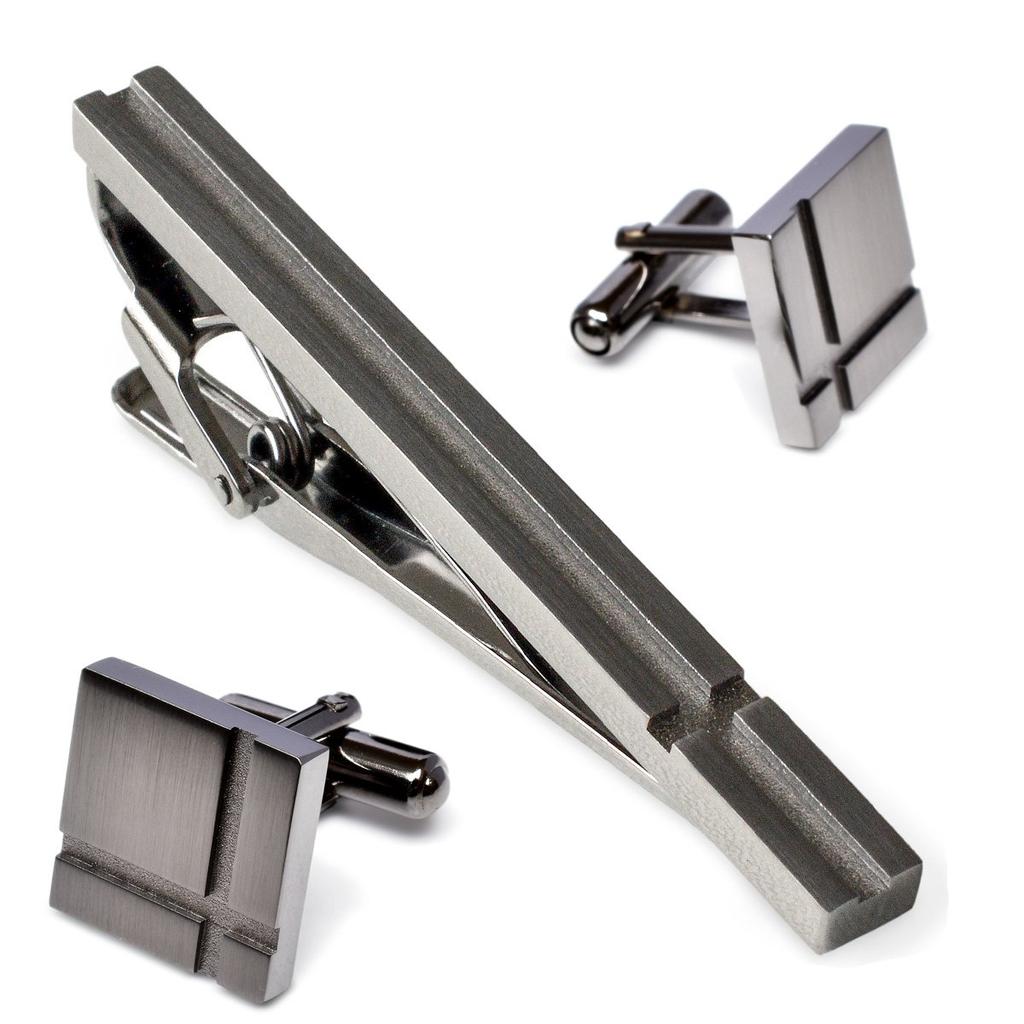 Tabarat Tie Pin and Cufflink Made in Brass Tie Pin and Cufflinks and Set, Japan, Cross, Men's (Black Silver)