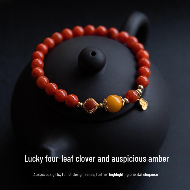 Red Agate & Amber Beaded Bracelet with Ruby Four-Leaf Clover for Women