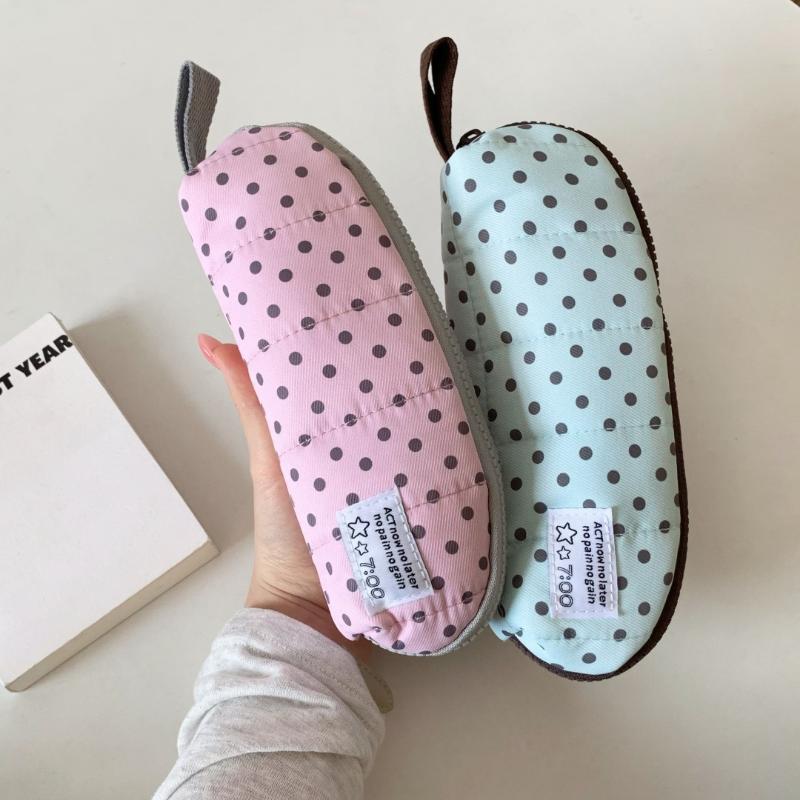 Cute Polka Dot Quilted Pencil Case Large Capacity Portable Strap For School Office Students Use